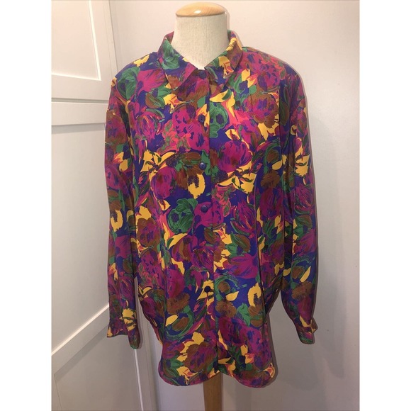 Vintage Button Down Blouse Vibrant‎ Floral Long Sleeve Sz 16 FLAW - Picture 1 of 4